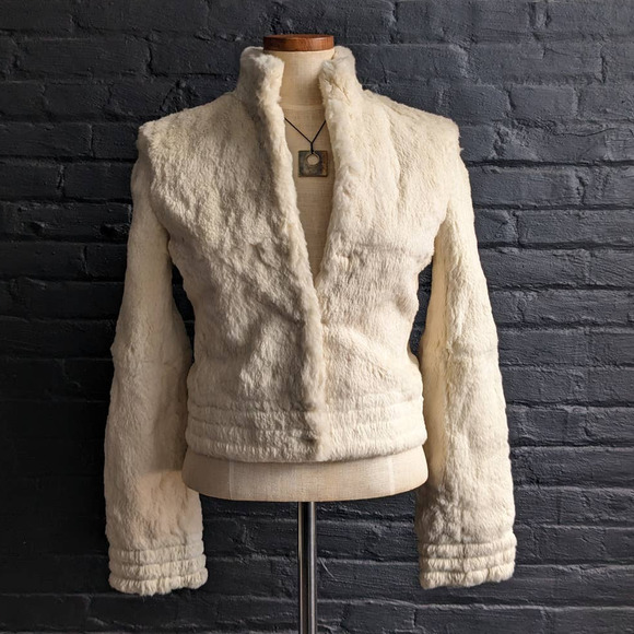 Vintage Jackets & Blazers - Vintage Minimalist Shaggy White Fur Bomber Genuine Rabbit Furry Fuzzy Coat